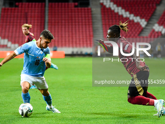 Jeremy Doku and Manor Solomon are in action during Belgium vs Israel: matchday 1 of UEFA Nations League 2024-2025, in Debrecen, Hungary, on...