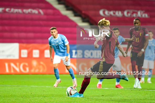 Kevin De Bruyne takes a penalty during the Belgium vs Israel match on matchday 1 of the UEFA Nations League 2024-2025 at Nagyerdei Stadion i...