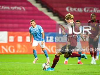 Kevin De Bruyne takes a penalty during the Belgium vs Israel match on matchday 1 of the UEFA Nations League 2024-2025 at Nagyerdei Stadion i...