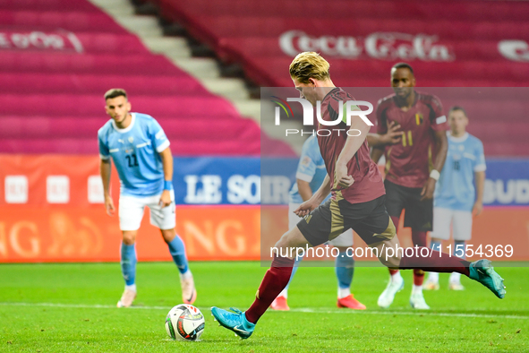 Kevin De Bruyne takes a penalty during the Belgium vs Israel match on matchday 1 of the UEFA Nations League 2024-2025 at Nagyerdei Stadion i...