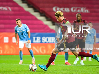 Kevin De Bruyne takes a penalty during the Belgium vs Israel match on matchday 1 of the UEFA Nations League 2024-2025 at Nagyerdei Stadion i...