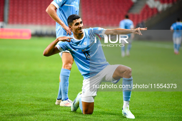 Anan Khalaili celebrates during the Belgium vs Israel match on matchday 1 of the UEFA Nations League 2024-2025 at Nagyerdei Stadion in Debre...