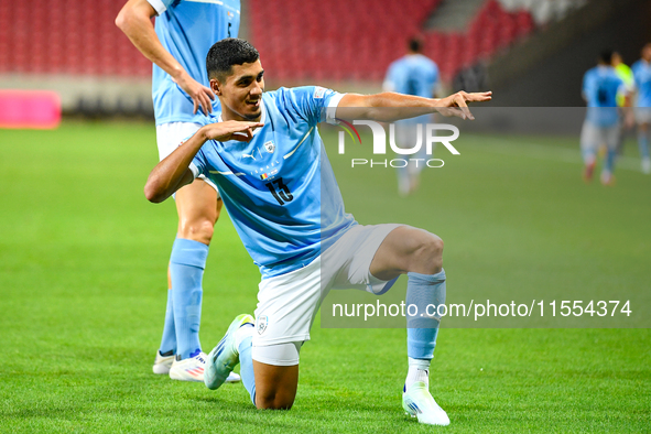 Anan Khalaili celebrates during the Belgium vs Israel match on matchday 1 of the UEFA Nations League 2024-2025 at Nagyerdei Stadion in Debre...