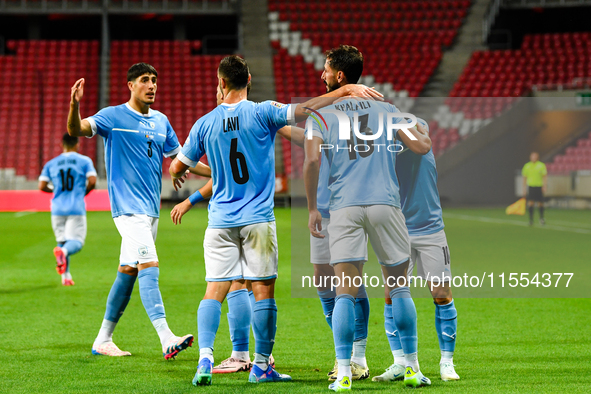 Players of Israel celebrate during Belgium vs Israel: matchday 1 of UEFA Nations League 2024-2025, at Nagyerdei Stadion in Debrecen, Hungary...