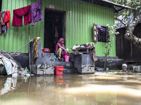 A woman cooks on high ground in front of her flooded house in a village in Chaumuhani Municipality of Noakhali District, Chittagong Division...