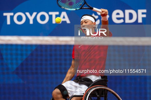 Tokito Oda of Japan competes in the Wheelchair Tennis Men's Singles Gold Medal Match against Alfie Hewett of the UK on Court Philippe Chatri...