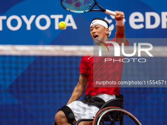 Tokito Oda of Japan competes in the Wheelchair Tennis Men's Singles Gold Medal Match against Alfie Hewett of the UK on Court Philippe Chatri...