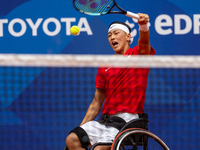 Tokito Oda of Japan competes in the Wheelchair Tennis Men's Singles Gold Medal Match against Alfie Hewett of the UK on Court Philippe Chatri...