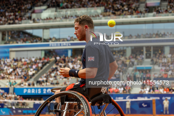 Alfie Hewett of the UK competes during the Wheelchair Tennis Men's Singles Gold Medal Match against Tokito Oda of Japan on Court Philippe Ch...