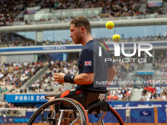 Alfie Hewett of the UK competes during the Wheelchair Tennis Men's Singles Gold Medal Match against Tokito Oda of Japan on Court Philippe Ch...