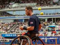 Alfie Hewett of the UK competes during the Wheelchair Tennis Men's Singles Gold Medal Match against Tokito Oda of Japan on Court Philippe Ch...