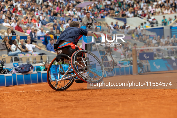 Alfie Hewett of the UK competes during the Wheelchair Tennis Men's Singles Gold Medal Match against Tokito Oda of Japan on Court Philippe Ch...