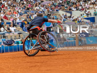 Alfie Hewett of the UK competes during the Wheelchair Tennis Men's Singles Gold Medal Match against Tokito Oda of Japan on Court Philippe Ch...