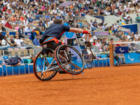 Alfie Hewett of the UK competes during the Wheelchair Tennis Men's Singles Gold Medal Match against Tokito Oda of Japan on Court Philippe Ch...