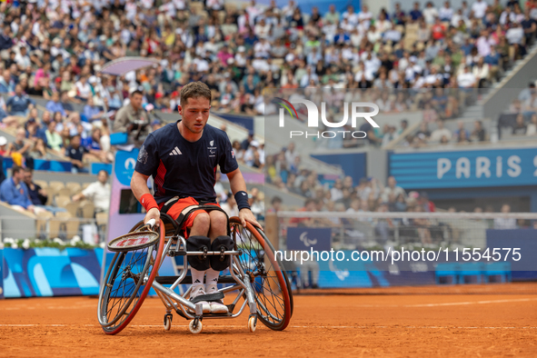 Alfie Hewett of the UK competes during the Wheelchair Tennis Men's Singles Gold Medal Match against Tokito Oda of Japan on Court Philippe Ch...