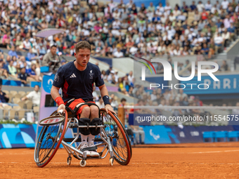 Alfie Hewett of the UK competes during the Wheelchair Tennis Men's Singles Gold Medal Match against Tokito Oda of Japan on Court Philippe Ch...