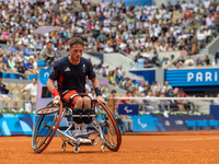 Alfie Hewett of the UK competes during the Wheelchair Tennis Men's Singles Gold Medal Match against Tokito Oda of Japan on Court Philippe Ch...