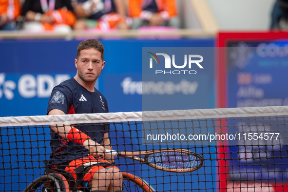 Alfie Hewett of the UK competes during the Wheelchair Tennis Men's Singles Gold Medal Match against Tokito Oda of Japan on Court Philippe Ch...