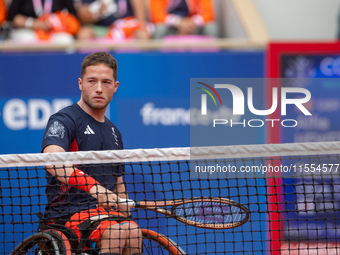 Alfie Hewett of the UK competes during the Wheelchair Tennis Men's Singles Gold Medal Match against Tokito Oda of Japan on Court Philippe Ch...