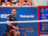 Alfie Hewett of the UK competes during the Wheelchair Tennis Men's Singles Gold Medal Match against Tokito Oda of Japan on Court Philippe Ch...