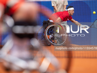 Tokito Oda of Japan competes in the Wheelchair Tennis Men's Singles Gold Medal Match against Alfie Hewett of the UK on Court Philippe Chatri...