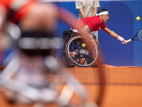 Tokito Oda of Japan competes in the Wheelchair Tennis Men's Singles Gold Medal Match against Alfie Hewett of the UK on Court Philippe Chatri...