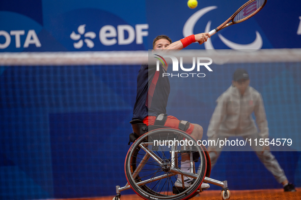 Alfie Hewett of the UK competes during the Wheelchair Tennis Men's Singles Gold Medal Match against Tokito Oda of Japan on Court Philippe Ch...