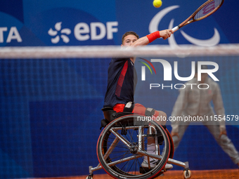 Alfie Hewett of the UK competes during the Wheelchair Tennis Men's Singles Gold Medal Match against Tokito Oda of Japan on Court Philippe Ch...