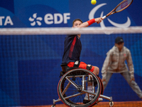 Alfie Hewett of the UK competes during the Wheelchair Tennis Men's Singles Gold Medal Match against Tokito Oda of Japan on Court Philippe Ch...