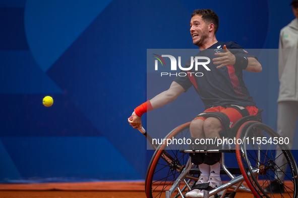 Alfie Hewett of the UK competes during the Wheelchair Tennis Men's Singles Gold Medal Match against Tokito Oda of Japan on Court Philippe Ch...