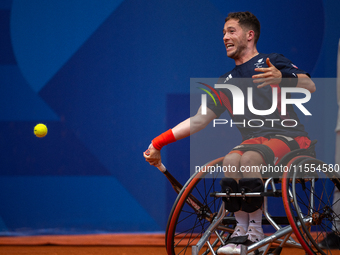 Alfie Hewett of the UK competes during the Wheelchair Tennis Men's Singles Gold Medal Match against Tokito Oda of Japan on Court Philippe Ch...