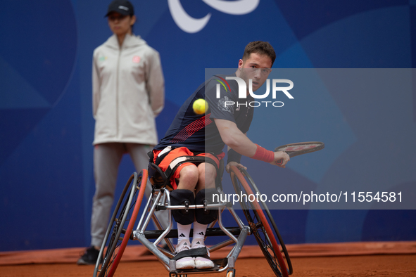 Alfie Hewett of the UK competes during the Wheelchair Tennis Men's Singles Gold Medal Match against Tokito Oda of Japan on Court Philippe Ch...