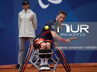 Alfie Hewett of the UK competes during the Wheelchair Tennis Men's Singles Gold Medal Match against Tokito Oda of Japan on Court Philippe Ch...