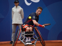 Alfie Hewett of the UK competes during the Wheelchair Tennis Men's Singles Gold Medal Match against Tokito Oda of Japan on Court Philippe Ch...