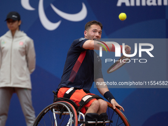 Alfie Hewett of the UK competes during the Wheelchair Tennis Men's Singles Gold Medal Match against Tokito Oda of Japan on Court Philippe Ch...