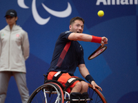 Alfie Hewett of the UK competes during the Wheelchair Tennis Men's Singles Gold Medal Match against Tokito Oda of Japan on Court Philippe Ch...