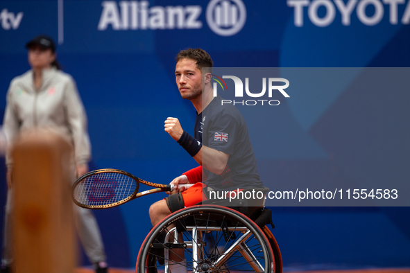 Alfie Hewett of the UK competes during the Wheelchair Tennis Men's Singles Gold Medal Match against Tokito Oda of Japan on Court Philippe Ch...