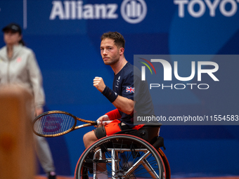 Alfie Hewett of the UK competes during the Wheelchair Tennis Men's Singles Gold Medal Match against Tokito Oda of Japan on Court Philippe Ch...