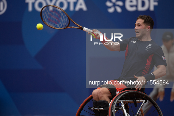 Alfie Hewett of the UK competes during the Wheelchair Tennis Men's Singles Gold Medal Match against Tokito Oda of Japan on Court Philippe Ch...