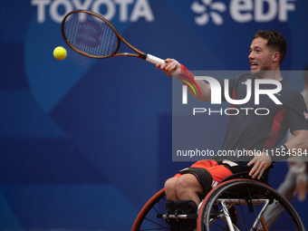 Alfie Hewett of the UK competes during the Wheelchair Tennis Men's Singles Gold Medal Match against Tokito Oda of Japan on Court Philippe Ch...