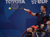 Alfie Hewett of the UK competes during the Wheelchair Tennis Men's Singles Gold Medal Match against Tokito Oda of Japan on Court Philippe Ch...