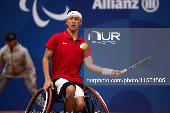 Tokito Oda of Japan competes in the Wheelchair Tennis Men's Singles Gold Medal Match against Alfie Hewett of the UK on Court Philippe Chatri...