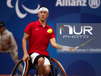 Tokito Oda of Japan competes in the Wheelchair Tennis Men's Singles Gold Medal Match against Alfie Hewett of the UK on Court Philippe Chatri...