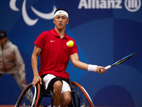 Tokito Oda of Japan competes in the Wheelchair Tennis Men's Singles Gold Medal Match against Alfie Hewett of the UK on Court Philippe Chatri...