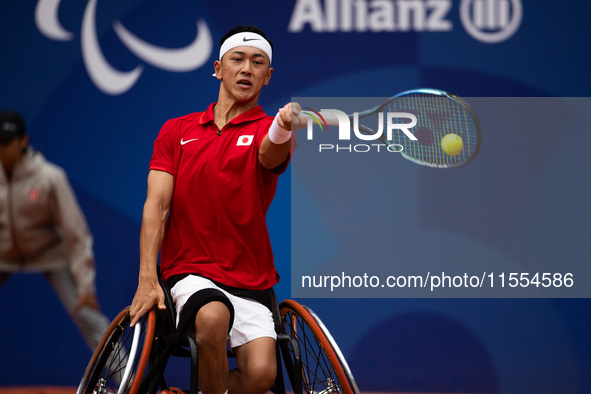 Tokito Oda of Japan competes in the Wheelchair Tennis Men's Singles Gold Medal Match against Alfie Hewett of the UK on Court Philippe Chatri...