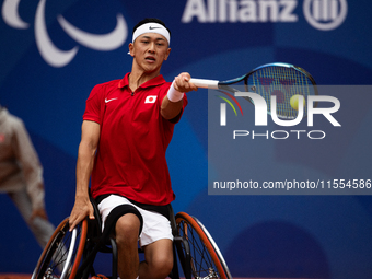 Tokito Oda of Japan competes in the Wheelchair Tennis Men's Singles Gold Medal Match against Alfie Hewett of the UK on Court Philippe Chatri...