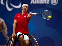 Tokito Oda of Japan competes in the Wheelchair Tennis Men's Singles Gold Medal Match against Alfie Hewett of the UK on Court Philippe Chatri...