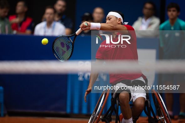 Tokito Oda of Japan competes in the Wheelchair Tennis Men's Singles Gold Medal Match against Alfie Hewett of the UK on Court Philippe Chatri...