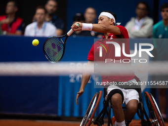 Tokito Oda of Japan competes in the Wheelchair Tennis Men's Singles Gold Medal Match against Alfie Hewett of the UK on Court Philippe Chatri...