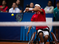 Tokito Oda of Japan competes in the Wheelchair Tennis Men's Singles Gold Medal Match against Alfie Hewett of the UK on Court Philippe Chatri...